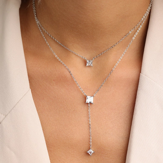 שרשרת כסף עניבה שתי שורות תליון סוליטר ריבוע