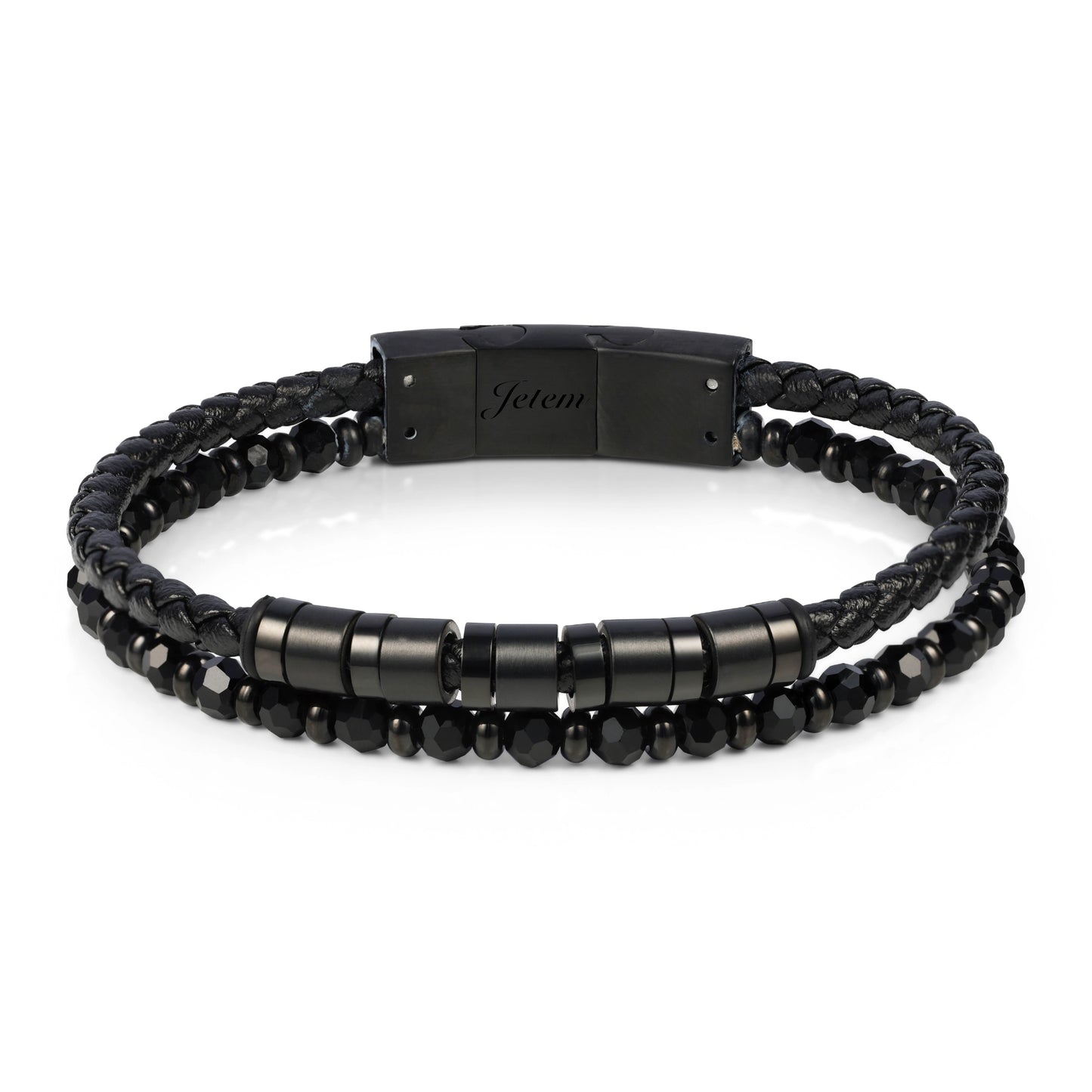 צמיד לגבר מבית JETEM - שילוב עור ואבני אמטייט שחורות