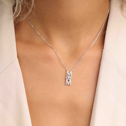 שרשרת כסף תליון תליון MOM עם עין