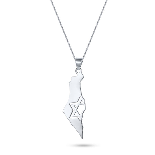 שרשרת כסף 925  תליון מפת ישראל עם מגן דוד