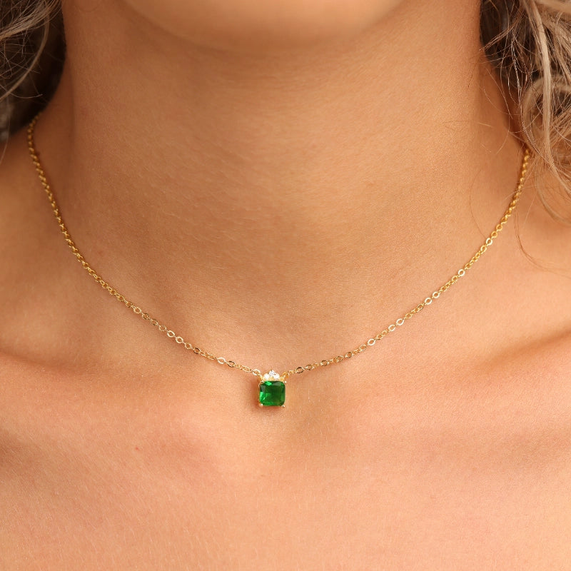 שרשרת כסף ציפוי זהב תליון ריבוע ירוק