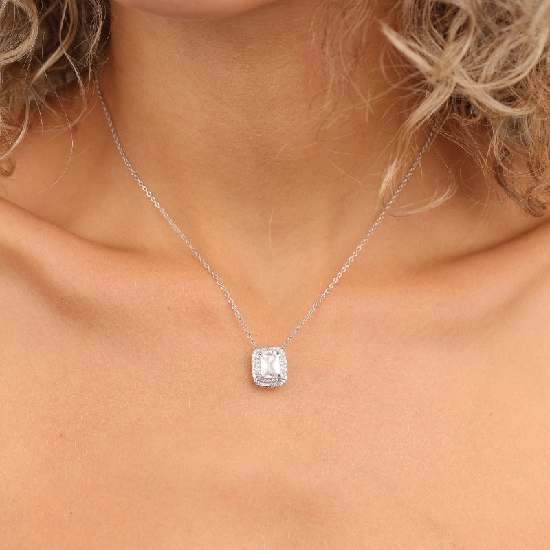 שרשרת כסף תליון סוליטר מלבן משובץ