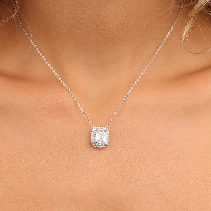 שרשרת כסף תליון סוליטר מלבן משובץ