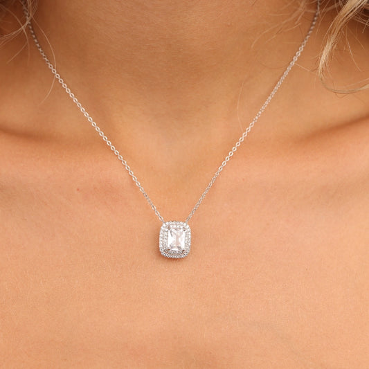 שרשרת כסף תליון סוליטר מלבן משובץ