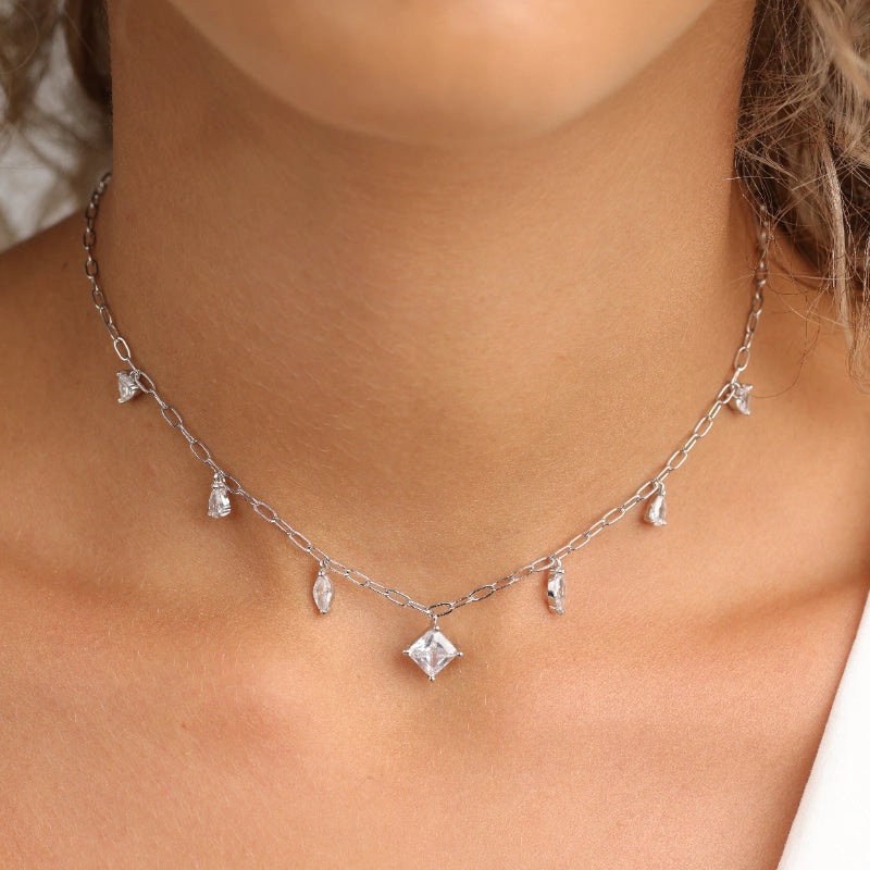 שרשרת כסף  צ'וקר תליוני טיפות משולב עם תליון ריבוע