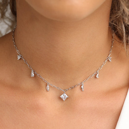 שרשרת כסף  צ'וקר תליוני טיפות משולב עם תליון ריבוע