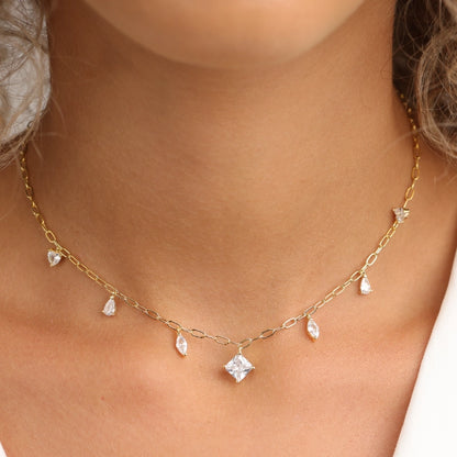 שרשרת כסף  צ'וקר תליוני טיפות משולב עם תליון ריבוע