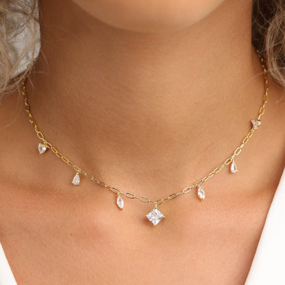 שרשרת כסף  צ'וקר תליוני טיפות משולב עם תליון ריבוע