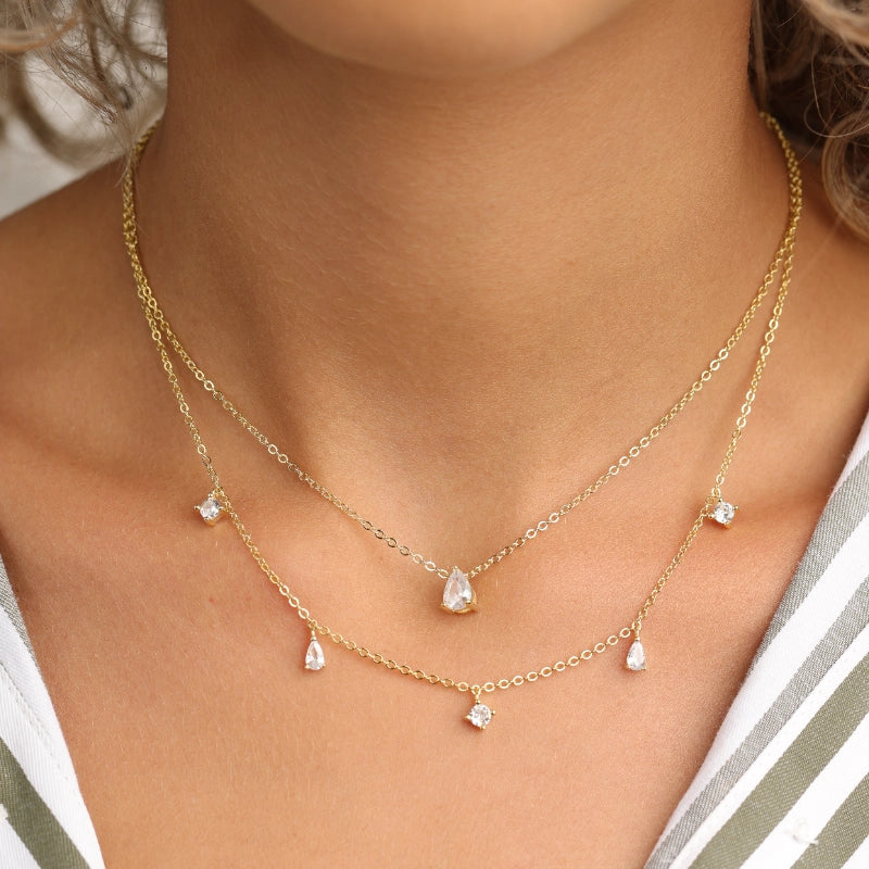 שרשרת כסף  2 שורות , שורה אחת עם תליוני טיפות קטנים שורה שניה עם תליון טיפה