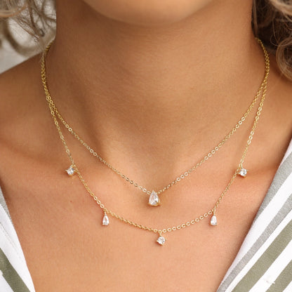 שרשרת כסף  2 שורות , שורה אחת עם תליוני טיפות קטנים שורה שניה עם תליון טיפה