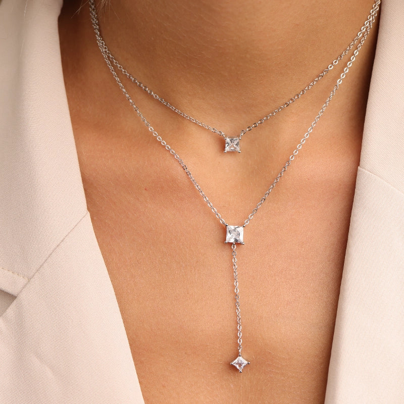 שרשרת כסף עניבה שתי שורות תליון סוליטר ריבוע