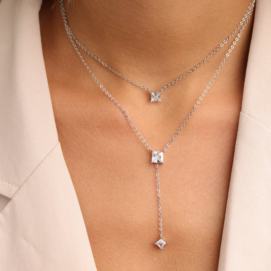 שרשרת כסף עניבה שתי שורות תליון סוליטר ריבוע