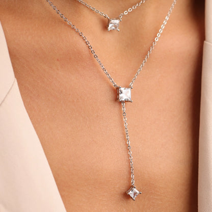 שרשרת כסף עניבה שתי שורות תליון סוליטר ריבוע