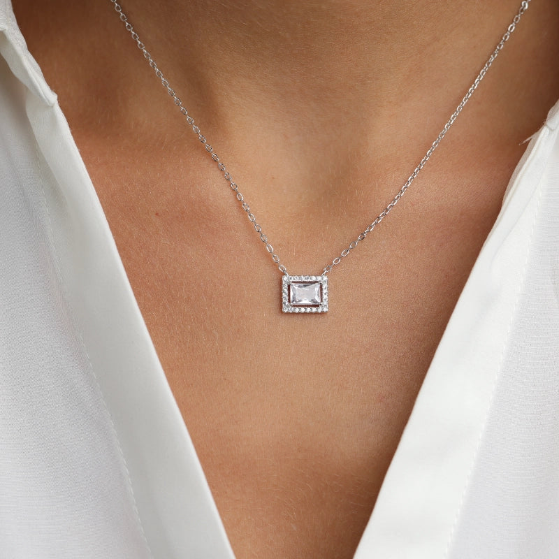 שרשרת כסף תליון סוליטר מלבן