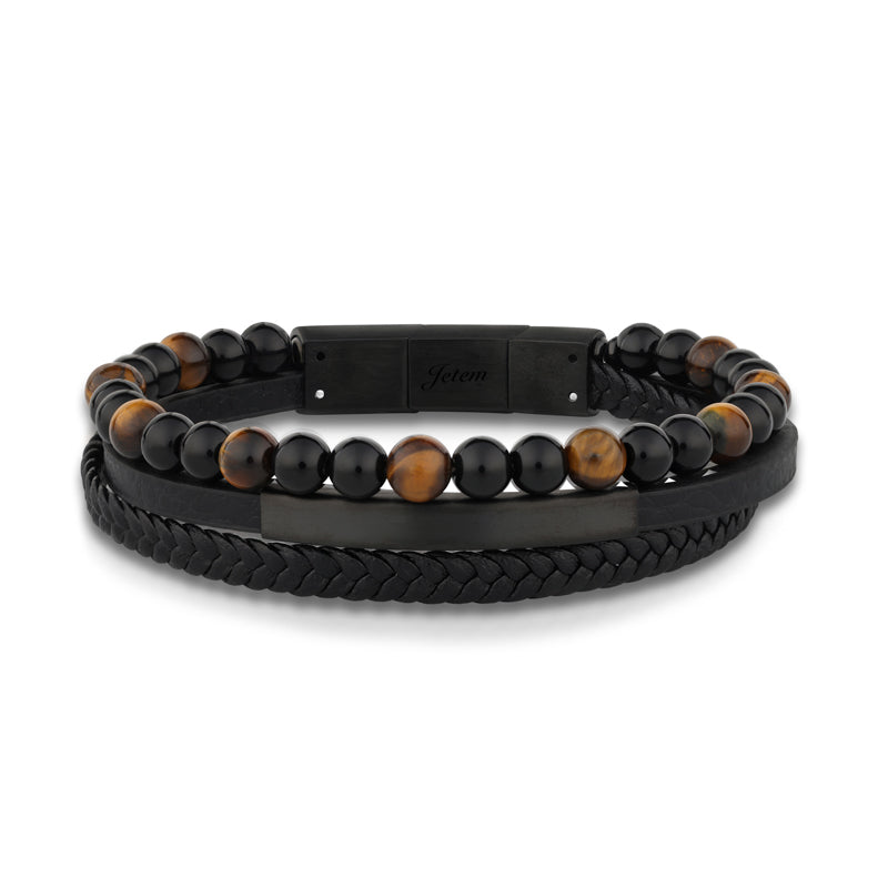 Black and brown beaded bracelet with braided design on a white background