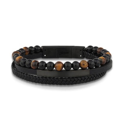 Black and brown beaded bracelet with braided design on a white background