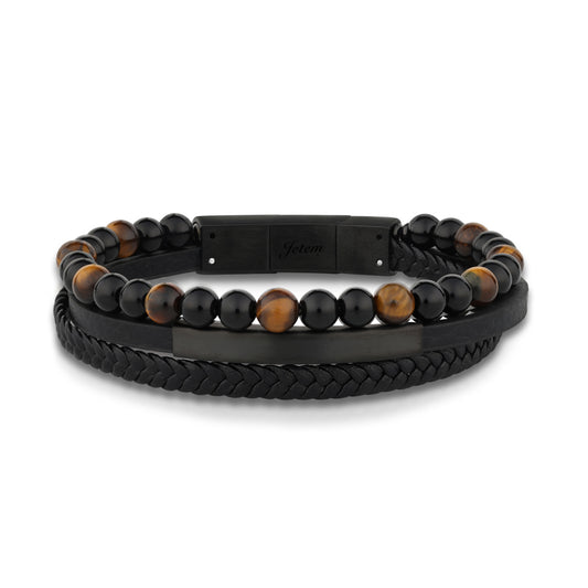 Black and brown beaded bracelet with braided design on a white background