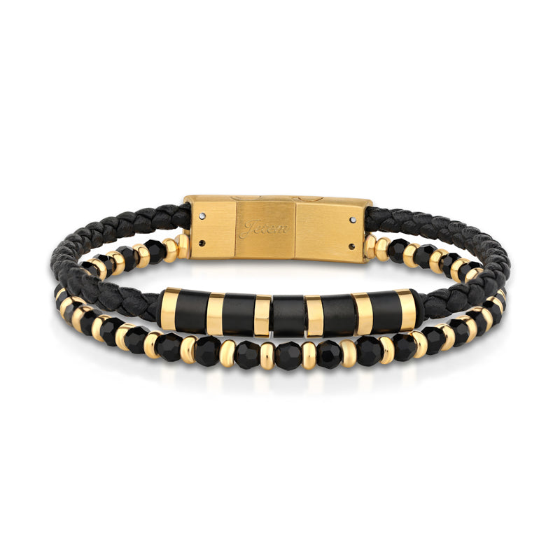 צמיד לגבר מבית JETEM - שילוב עור ואבני אמטייט שחורות