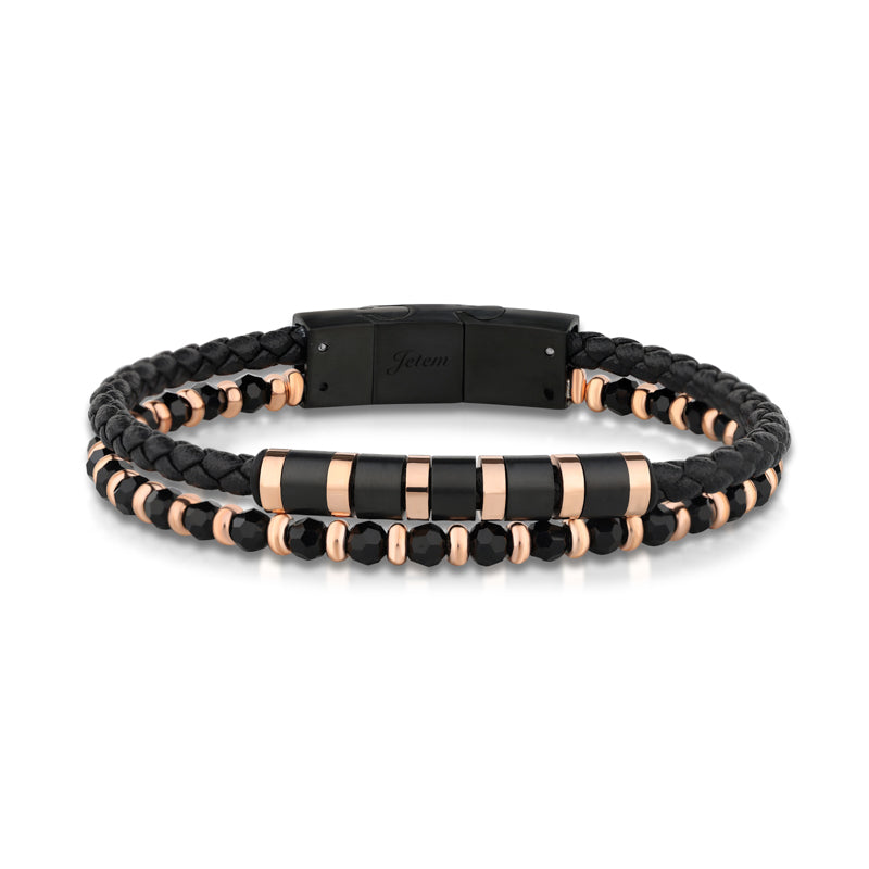 צמיד לגבר מבית JETEM - שילוב עור ואבני אמטייט שחורות