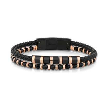 צמיד לגבר מבית JETEM - שילוב עור ואבני אמטייט שחורות