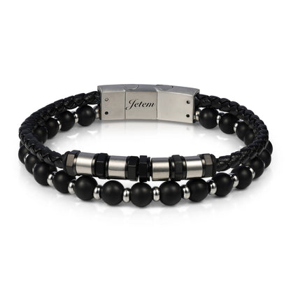 צמיד גבר משולב עור וחרוזי סטיל בגווני שחור וזהב - JETEM