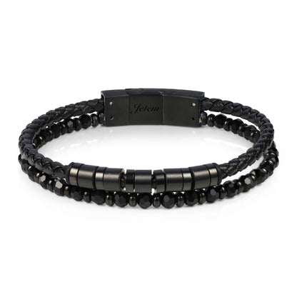 צמיד לגבר מבית JETEM - שילוב עור ואבני אמטייט שחורות
