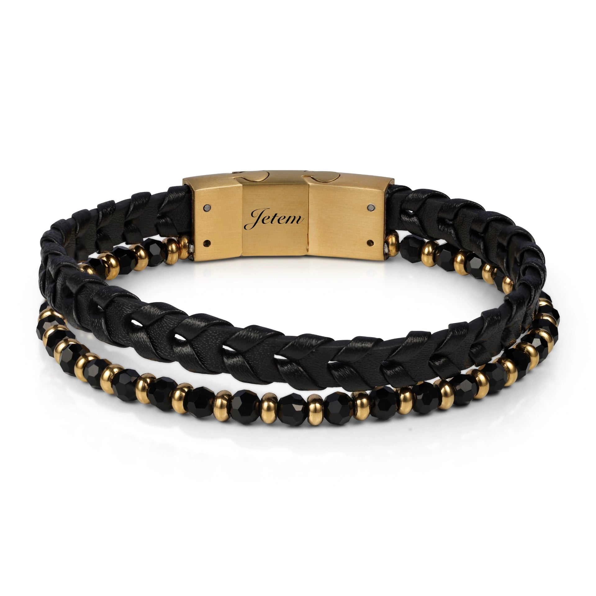 צמיד לגבר JETEM מעור צמה משולב חרוזי אמטייט וסטיל