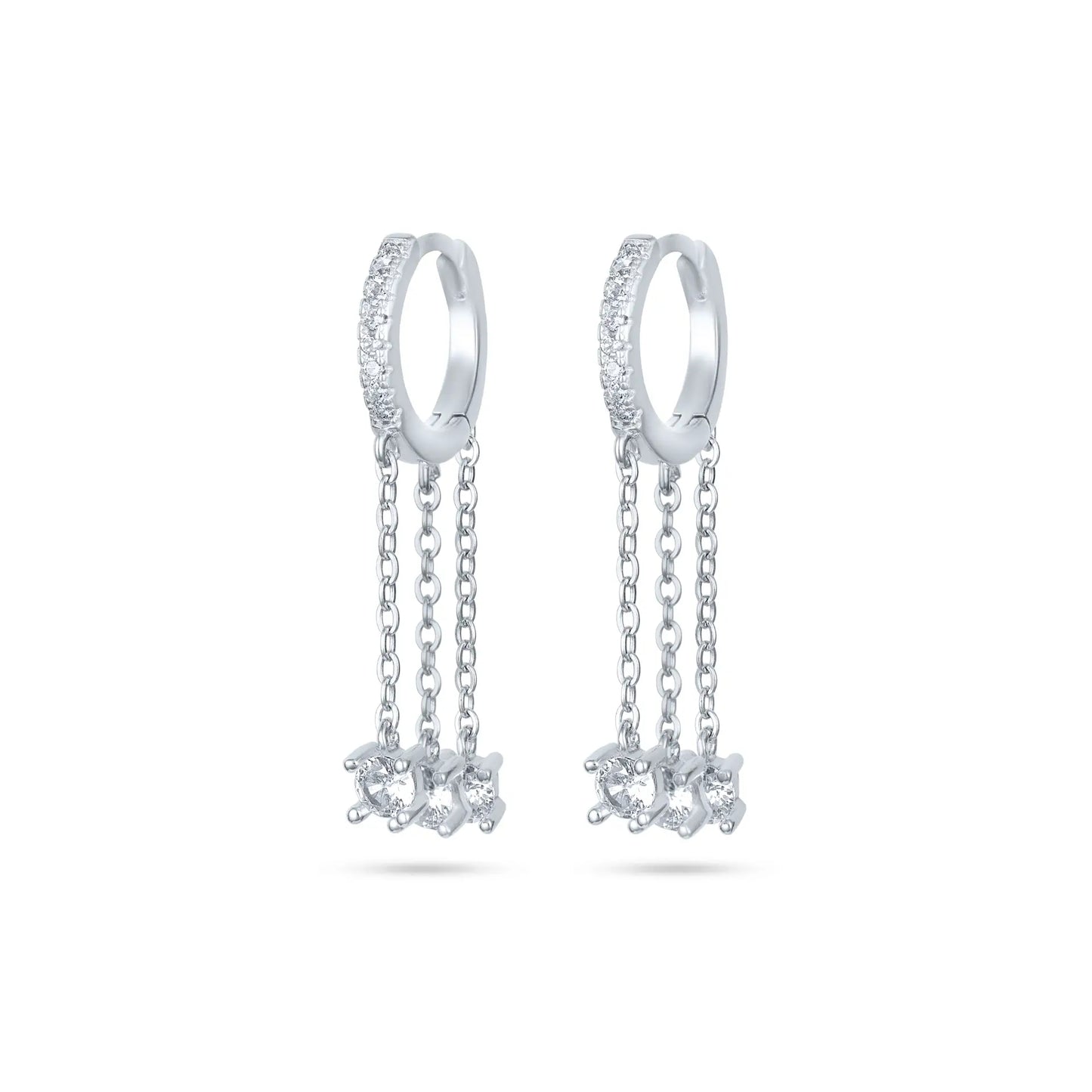 עגיל כסף חישוק משובץ עם שרשראות נופלות