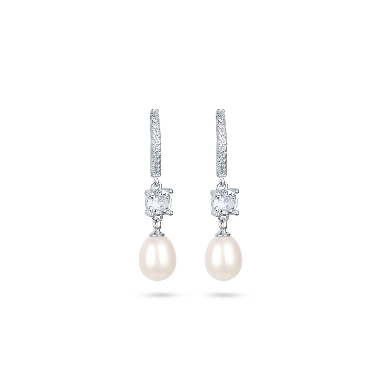 עגיל כסף חישוק משובץ עם פנינה נופלת