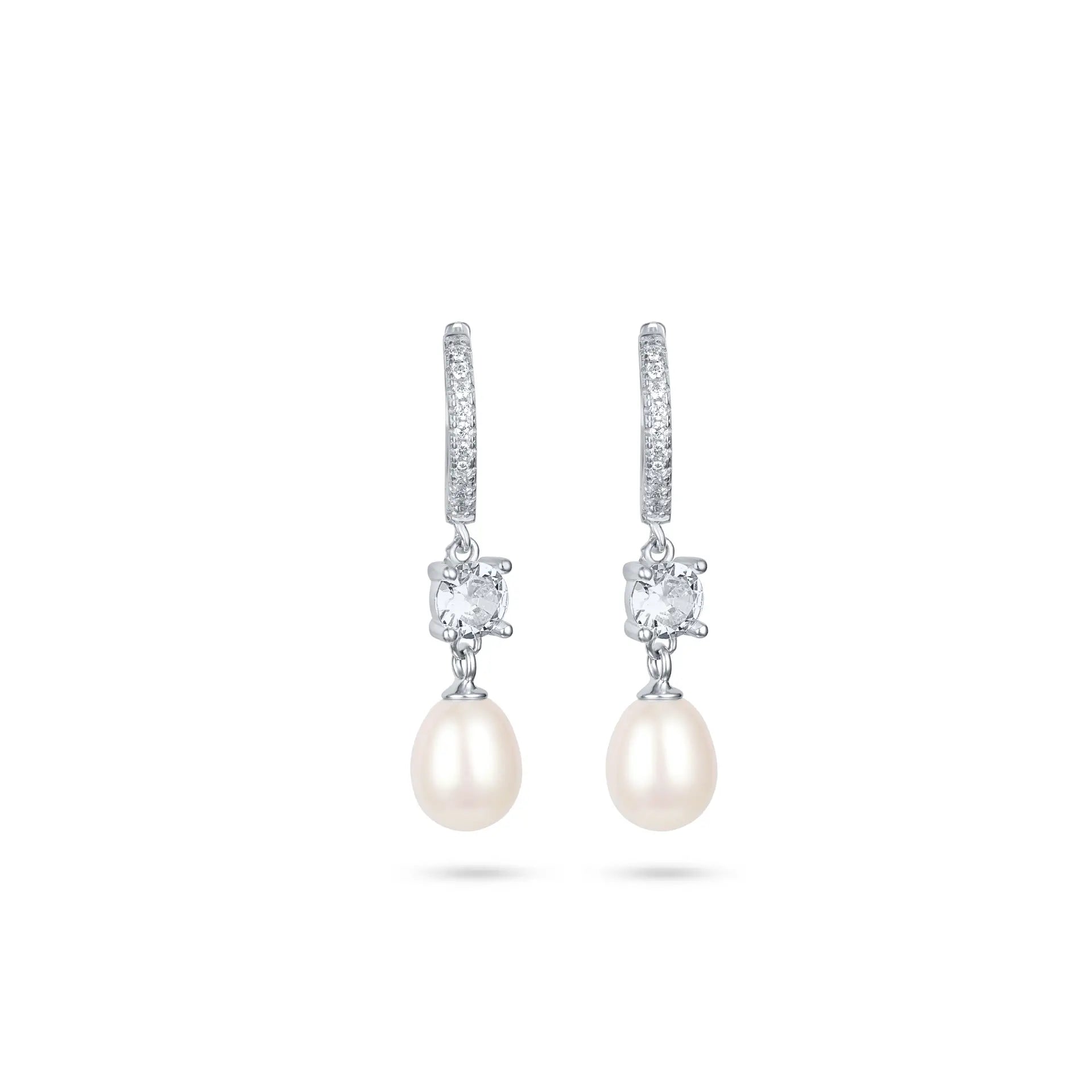 עגיל כסף חישוק משובץ עם פנינה נופלת