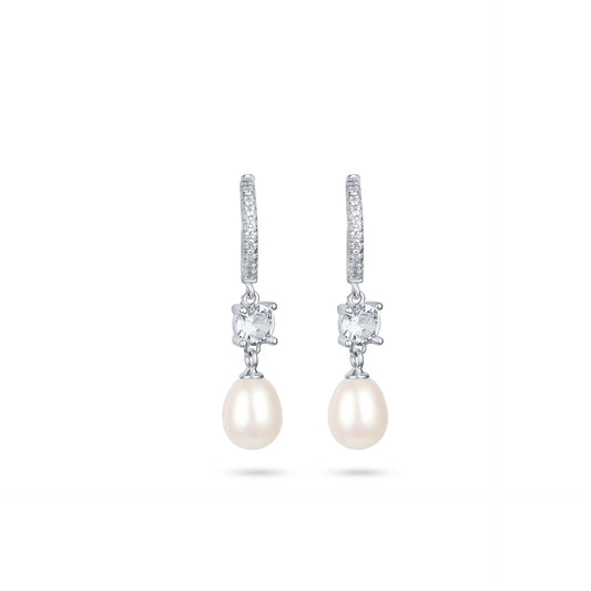 עגיל כסף חישוק משובץ עם פנינה נופלת