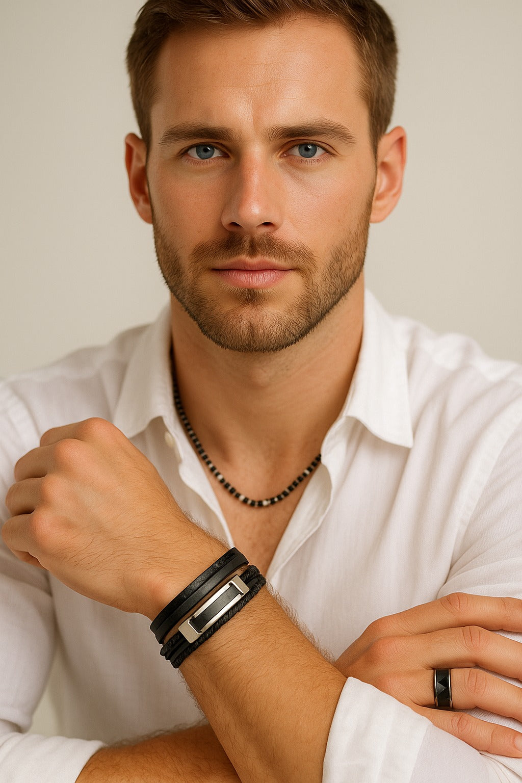 Man wearing a white shirt with multiple bracelets on his wrist against a neutral background