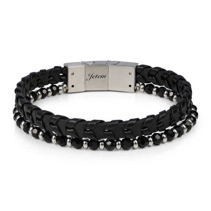צמיד לגבר JETEM מעור צמה משולב חרוזי אמטייט וסטיל