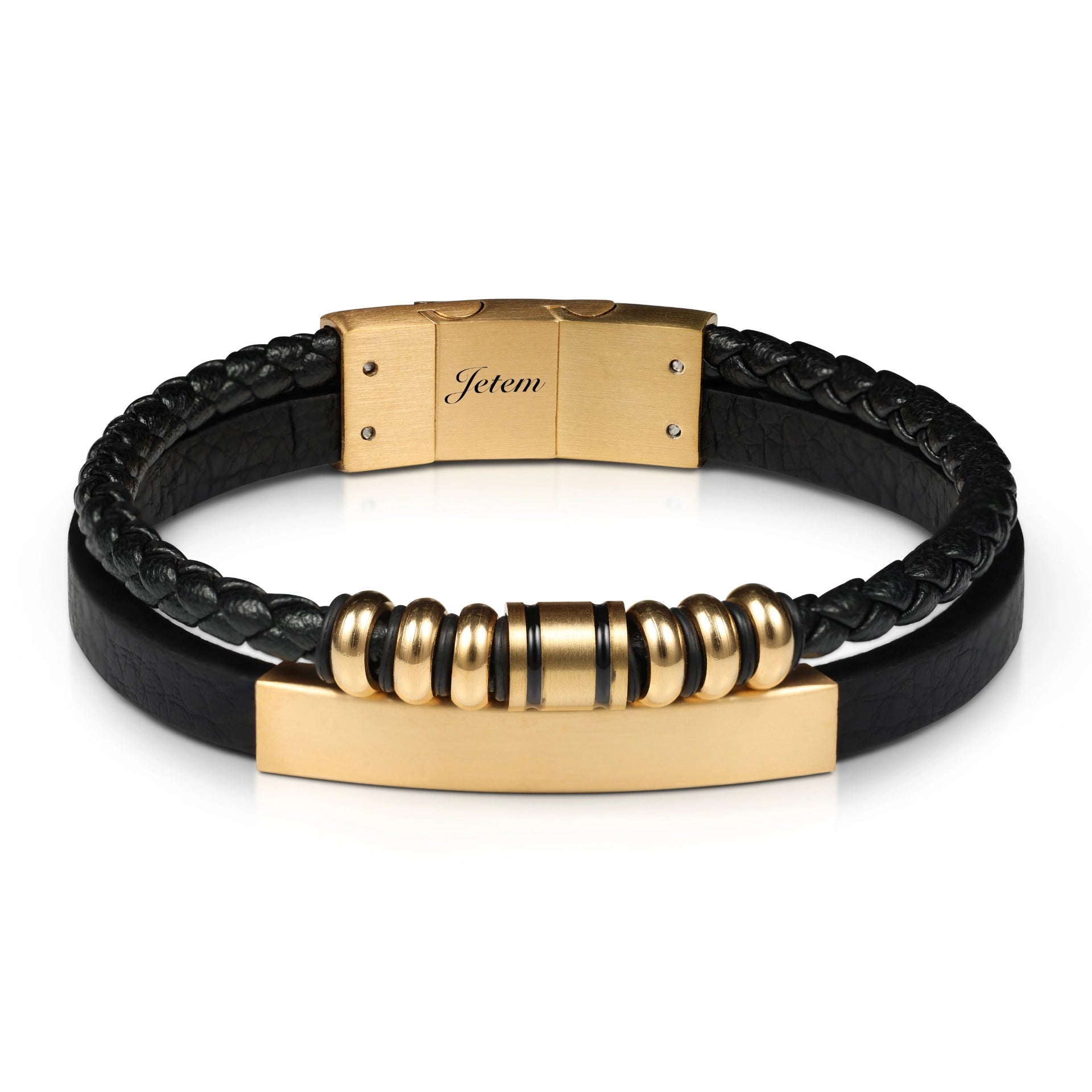 צמיד JETEM לגבר עם רצועות עור וחרוזי מתכת בעיצוב יוקרתי