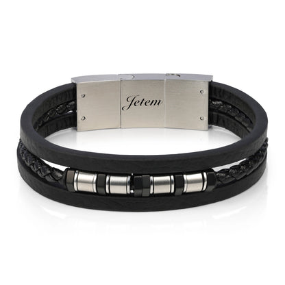צמיד JETEM לגבר בעיצוב יוקרתי עם רצועות עור שחור וחרוזי סטיל