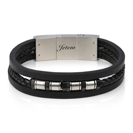 צמיד JETEM לגבר בעיצוב יוקרתי עם רצועות עור שחור וחרוזי סטיל