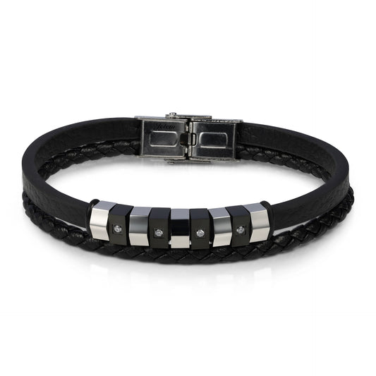 צמיד עור לגבר מבית JETEM עם קוביות מתכת משובצות זרקון